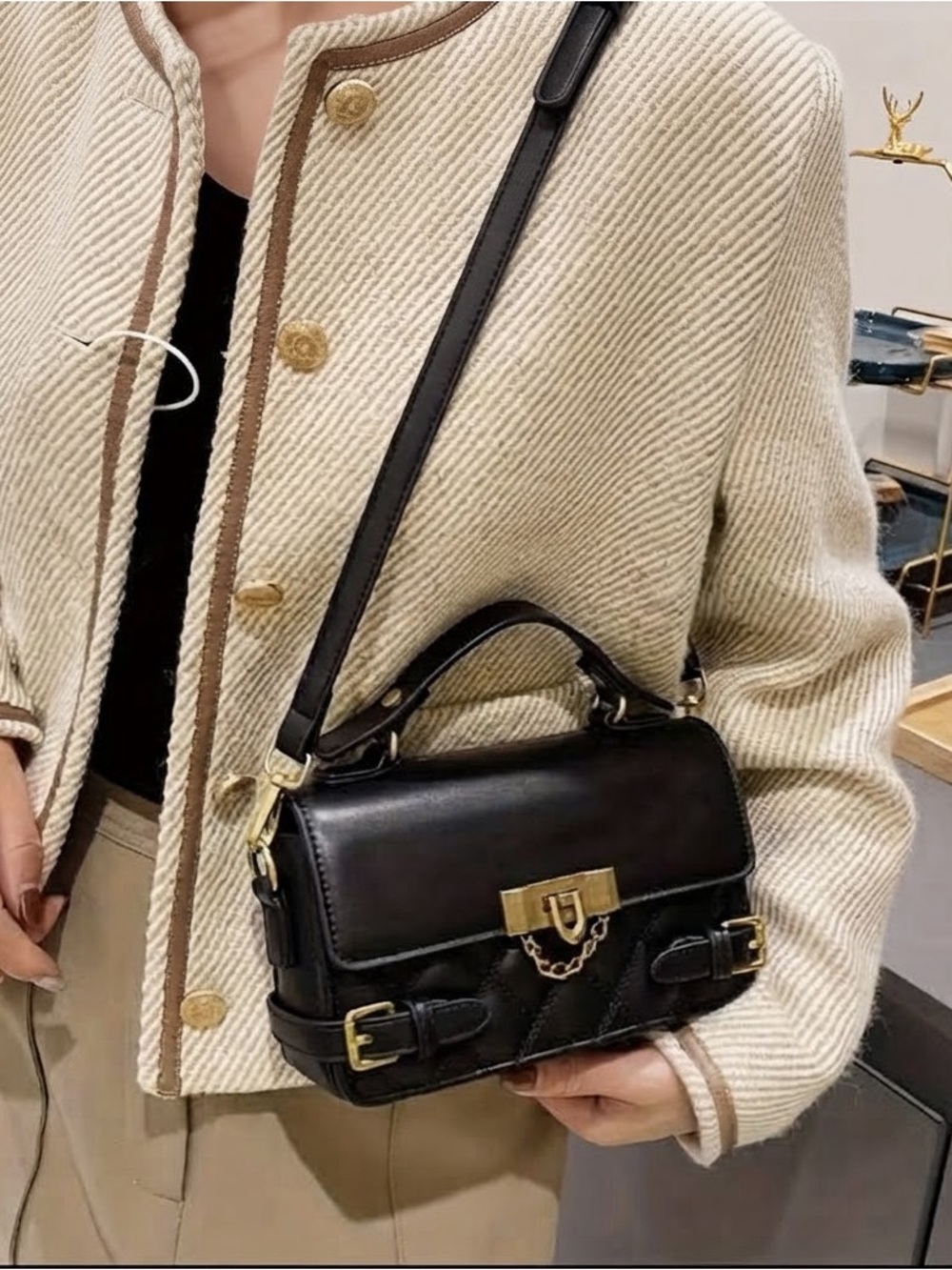 Black Leather Shoulder Bag with Gold-Tone Hardware